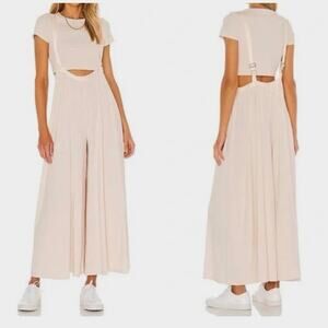 FREE PEOPLE Brookside Wide Leg Overalls Jumpsuit Size Small Cream Satin Ribbed S